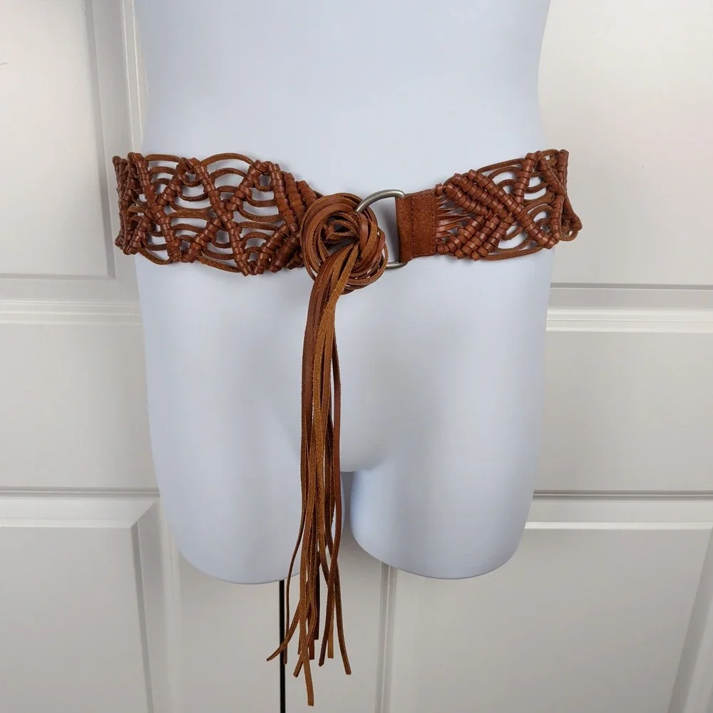 Vintage Y2K Woven Leather Macrame Fringe Belt Brown Boho Western O-Ring 2000s